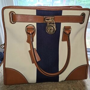 MICHAEL KORS HAMILTON MONO STRIPE CANVAS AND LEATHER TOTE LARGE RARE